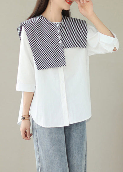 Organic White Plaid Button Shawl and Shirts Two Pieces Set Summer