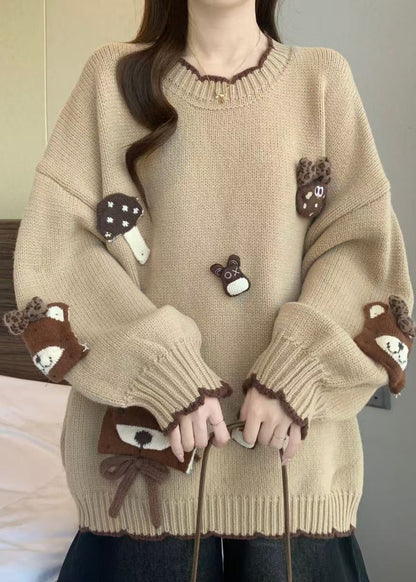 Khaki O Neck Cartoon Knit Sweaters Winter