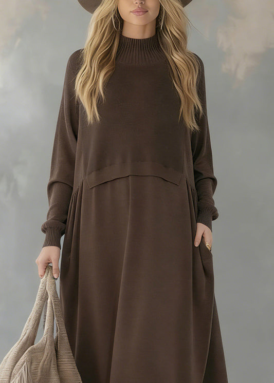 Chocolate Turtle Neck Patchwork Wool Knit Sweater Dress Long Sleeve