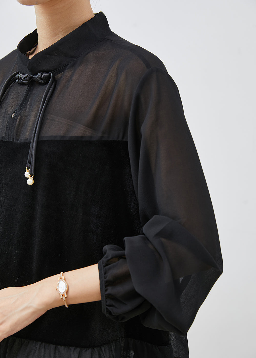 Black Tasseled Patchwork Chiffon Shirts Spring