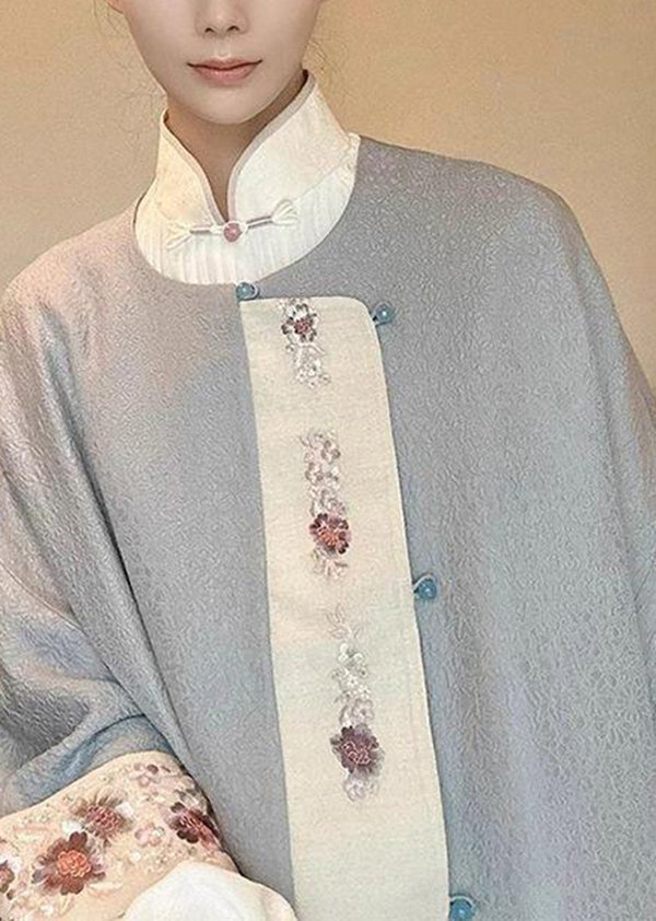 Grey O Neck Button Patchwork Woolen Jacket Winter