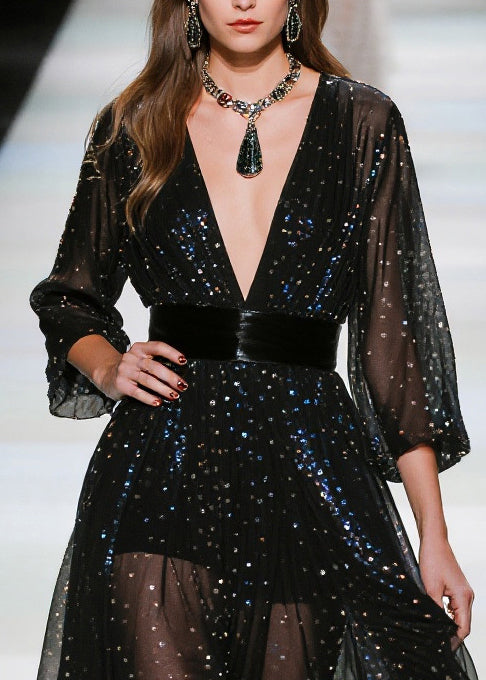 Black Sequins Tunic Tulle Sheer Dresses Summer