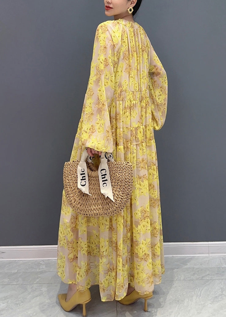 Yellow V Neck Ruffled Print Chiffon Long Dresses Fall