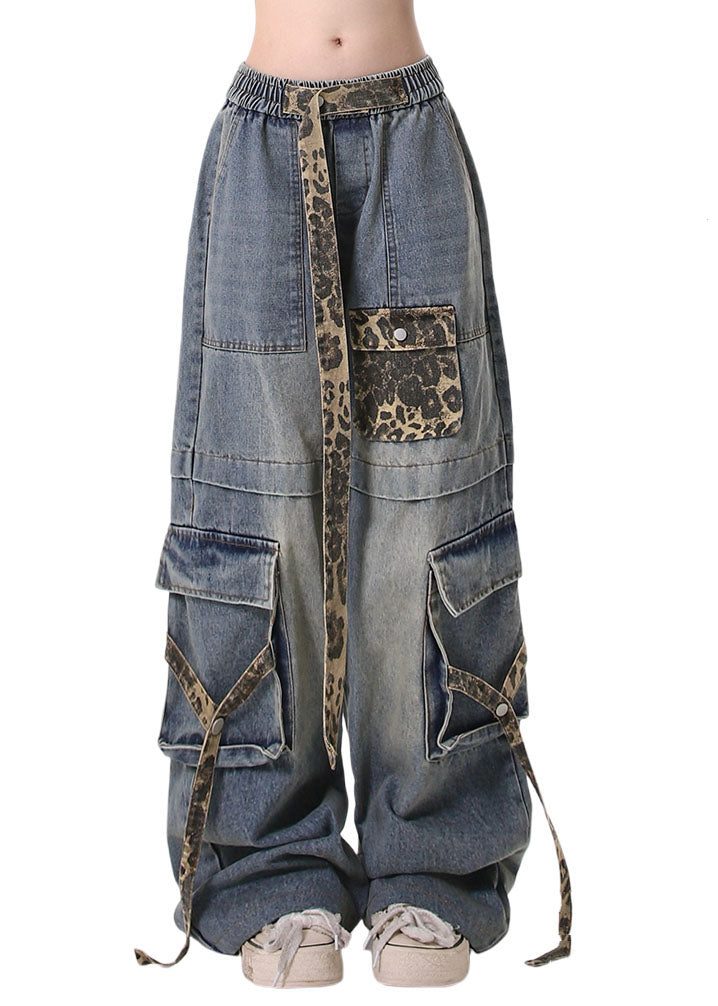 Blue Leopard Pockets Lace Up Patchwork Denim Pants Spring