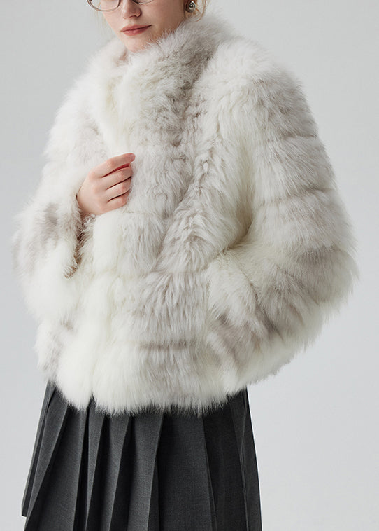 White Pockets Original Design Leather and Fur Coat Stand Collar