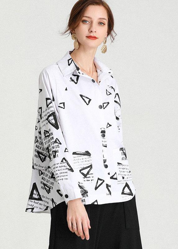 White Loose Print Fall Cotton Long Sleeve Shirt Top