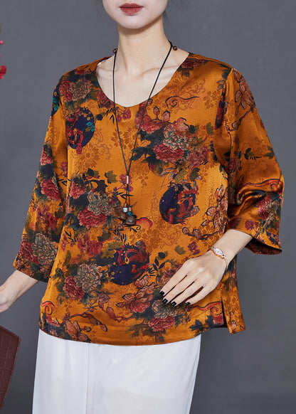 Orange Oversized Print Silk Top Bracelet Sleeve