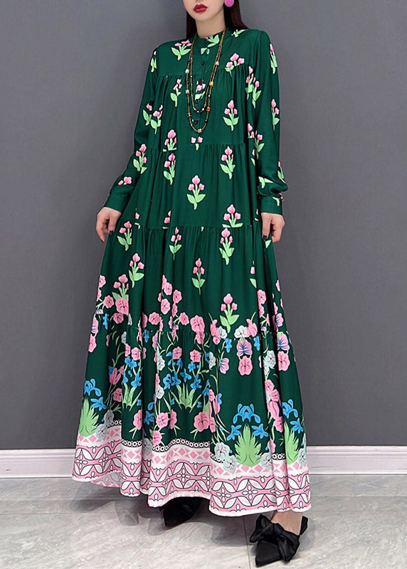 Green Print Long Beach Dresses Wrinkled Long Sleeve