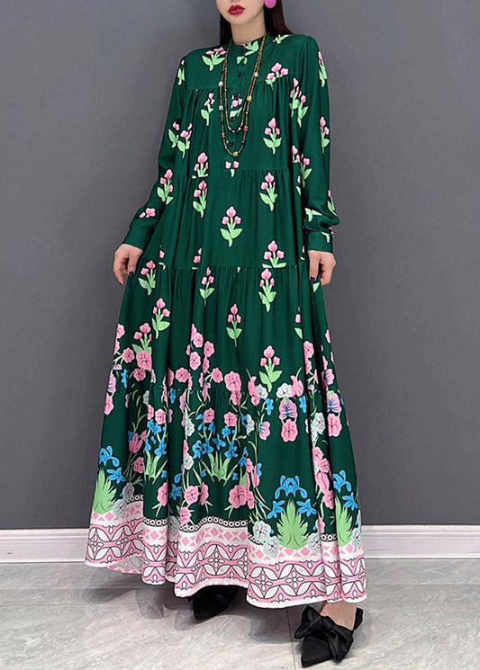 Green Print Long Beach Dresses Wrinkled Long Sleeve