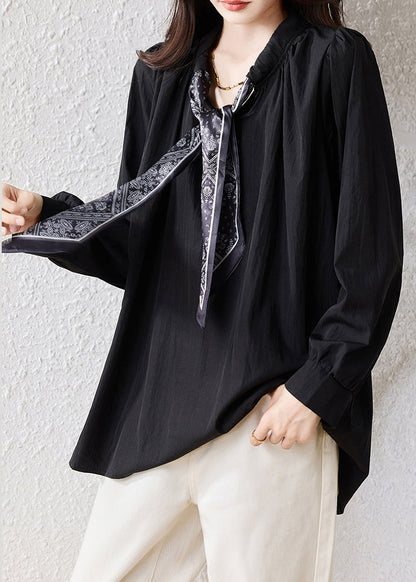 Black Oversized Scarf Cotton Blouse Top Fall