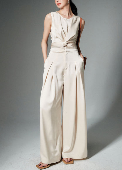 Beige Front Open Tops and Pants Silk Two Pieces Set Sleeveless