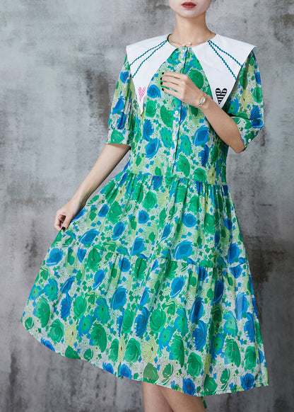 Green Peter Pan Collar Print Chiffon a Line Dress Summer