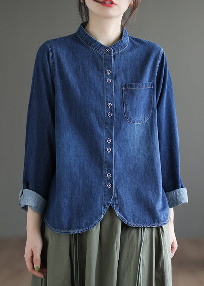 Boutique Navy O-neck Asymmetrical Patchwork Button Denim Shirt Spring