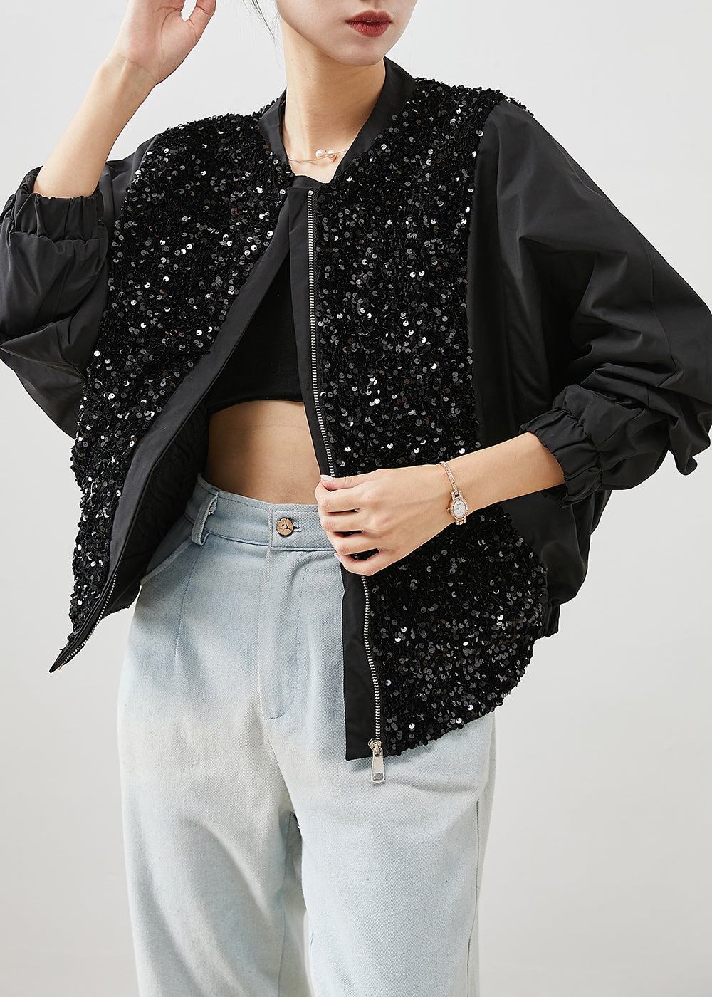 Modern Black Sequins Pocketspatchwork Cotton Jackets Fall