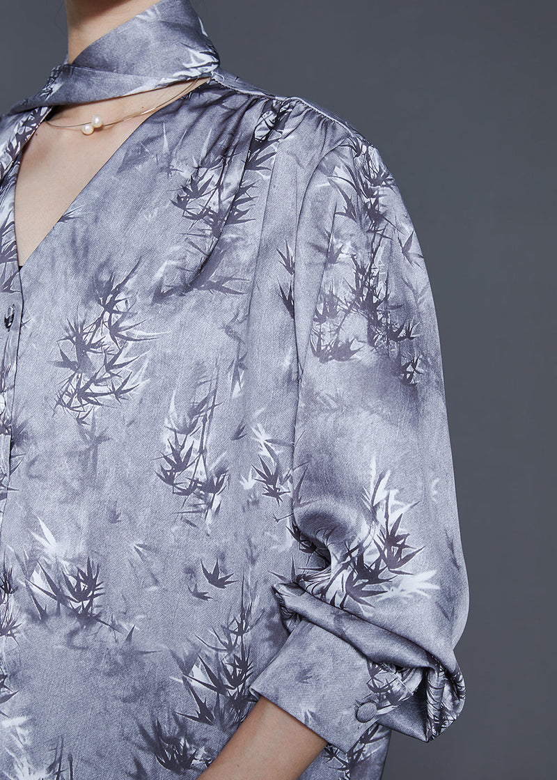 Style Grey V Neck Print Silk Two Piece Set Clothing Fall