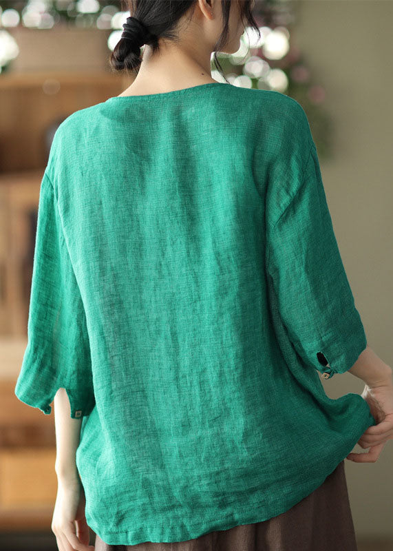 Green Pockets Linen Cardigan O-neck Button Half Sleeve