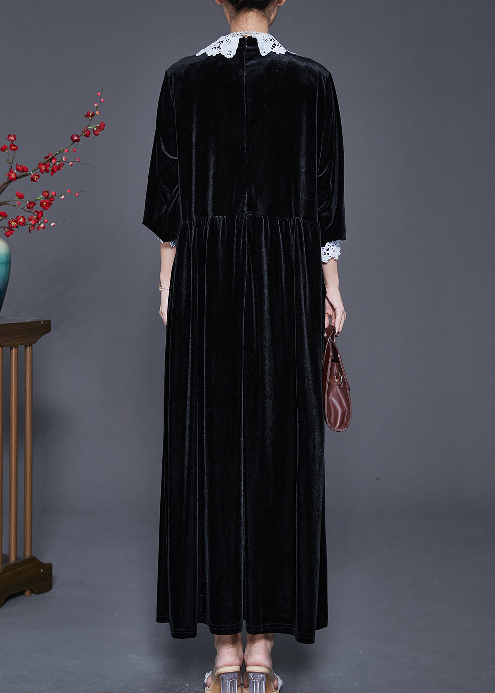 Loose Black Lace Patchwork Nail Bead Silk Velour Long Dresses Spring