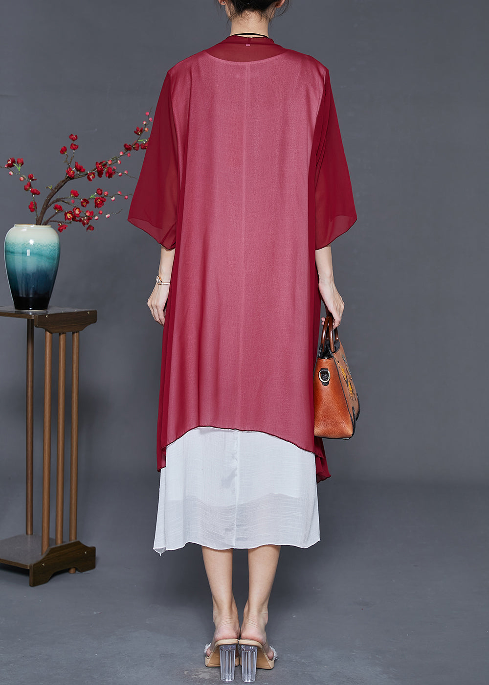 Mulberry Print Chiffon Cardigan and Dress Two Pieces Set Summer