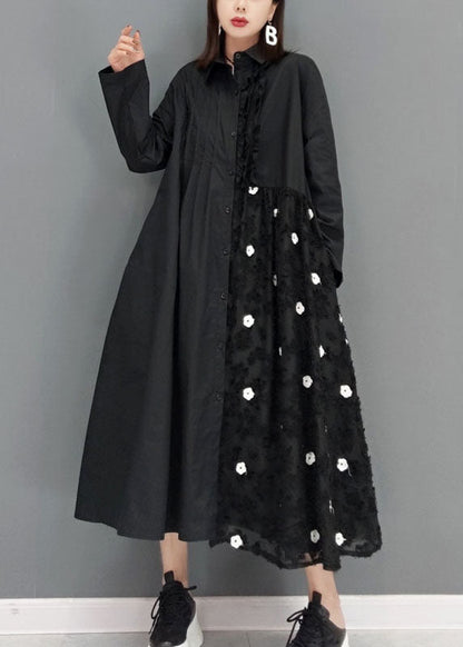 Black Lace Patchwork Shirt Dresses Spring