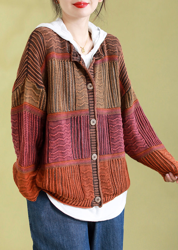 Orange O Neck Button Patchwork Knit Cardigans Spring