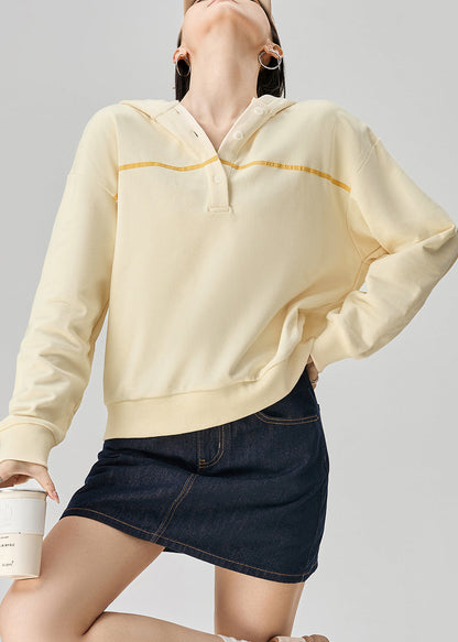 Yellow Hooded Button Cotton Sweatshirt Fall