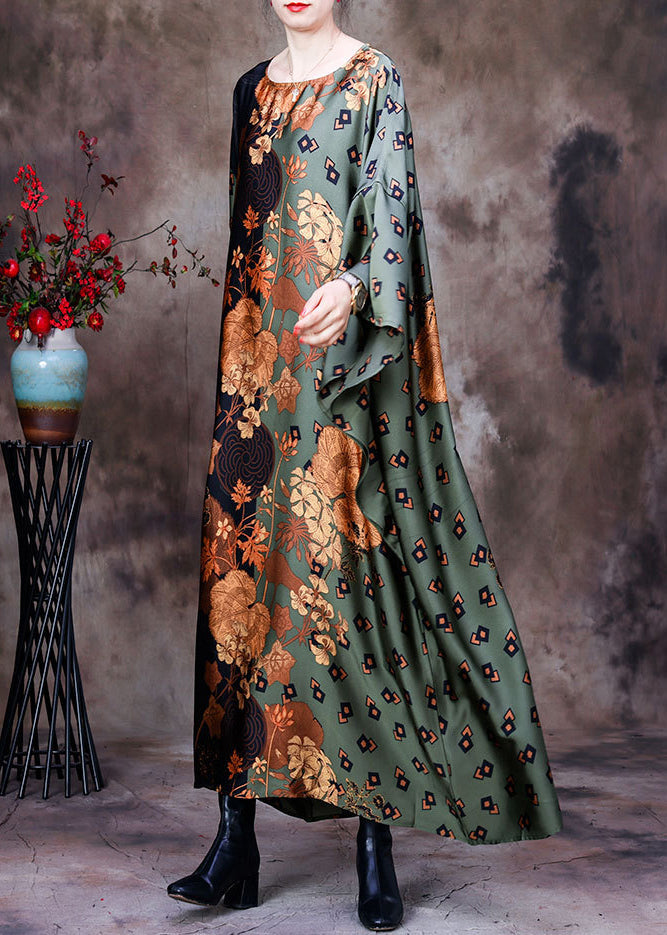 Green Print Silk Maxi Dress Batwing Sleeve