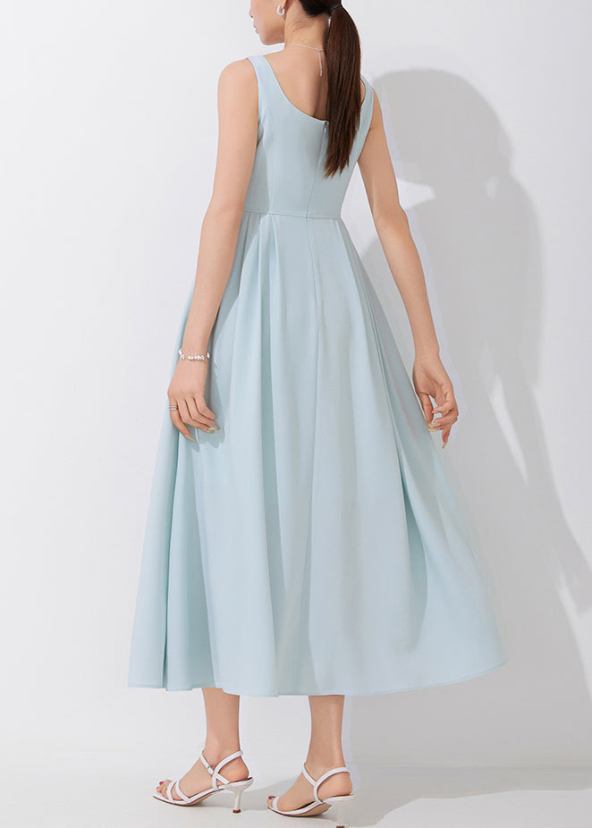 Blue Square Collar High Waist Spaghetti Strap Dress Sleeveless