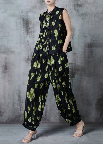 Green Patchwork Silk Sets 2 Pieces Tasseled Chinese Button Summer
