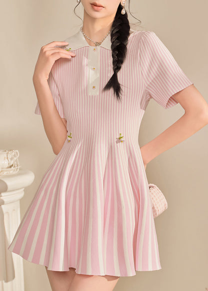 Pink Peter Pan Collar Striped Mid Dress Summer