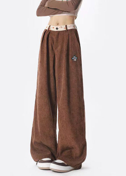 Style Brown Pockets Corduroy Wide Leg Pants Spring