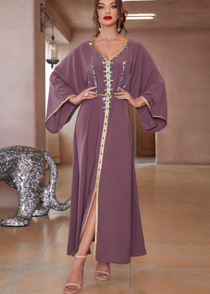 Purple Lace Patchwork Chiffon Robe Dresses Long Sleeve
