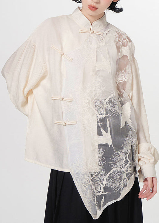 Loose White Embroideried Chinese Button Patchwork Tulle Shirt Top Spring