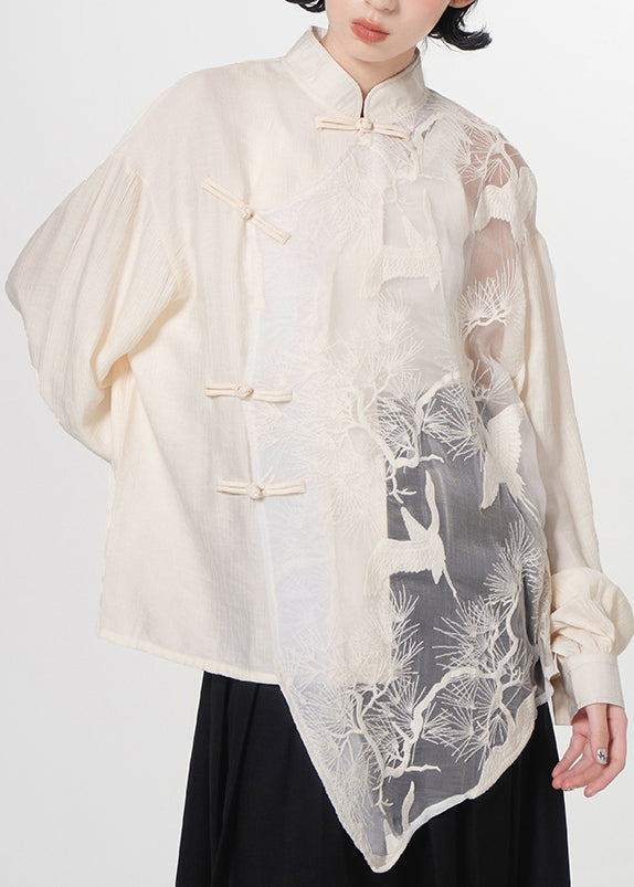 Loose White Embroideried Chinese Button Patchwork Tulle Shirt Top Spring