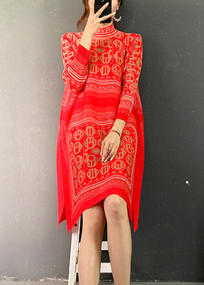 Red Turtleneck Print Side Open Mid Dresses Long Sleeve