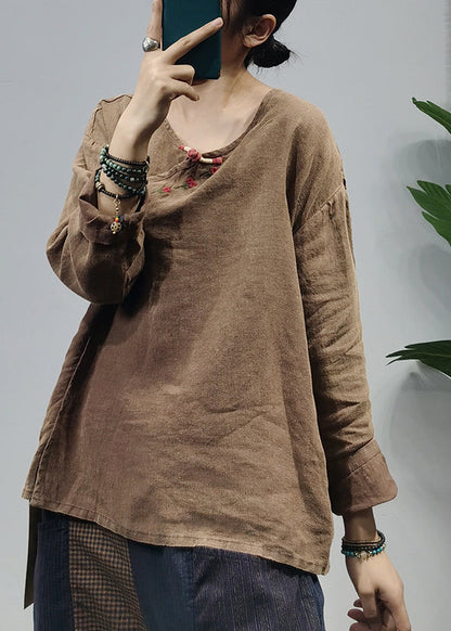 Khaki O-neck Embroideried Patchwork Linen Top Long Sleeve