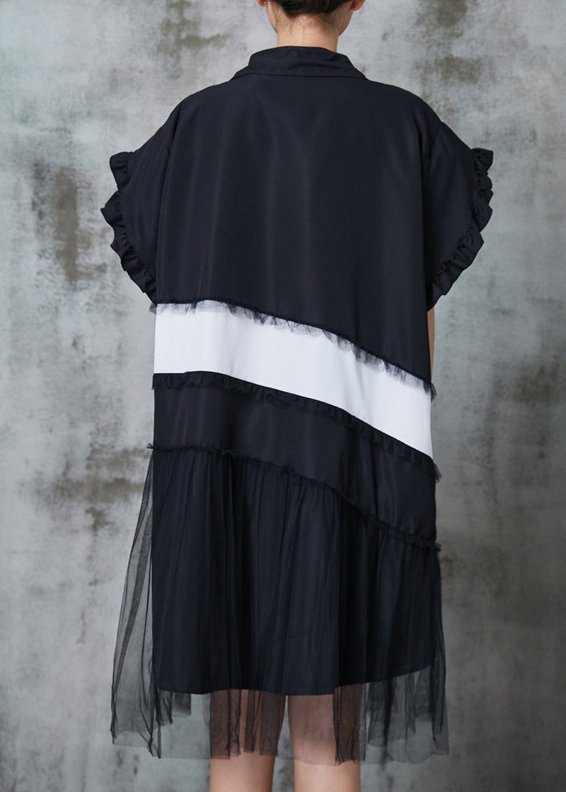 Black Oversized Patchwork Cotton Dress Petal Sleeve