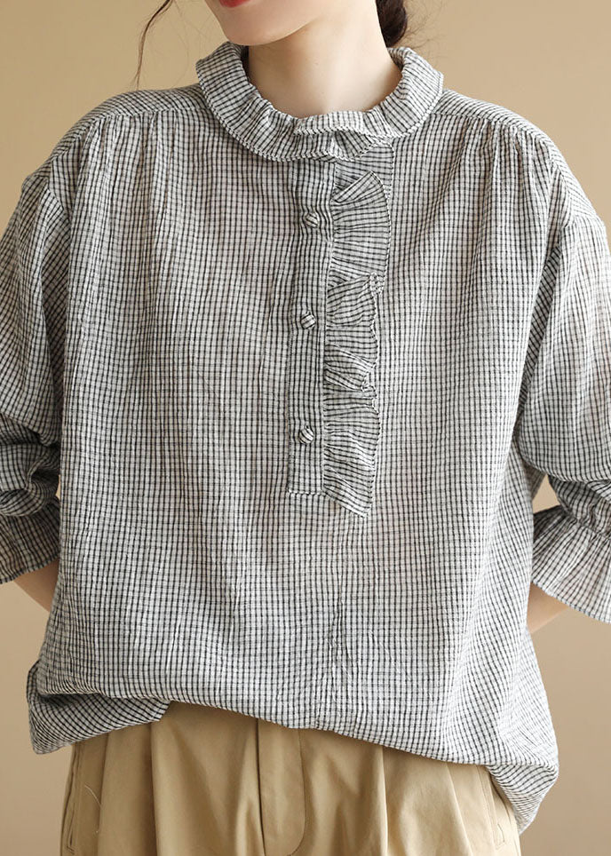 Black White Peter Pan Collar Ruffled Plaid Cotton Shirt Top Long Sleeve