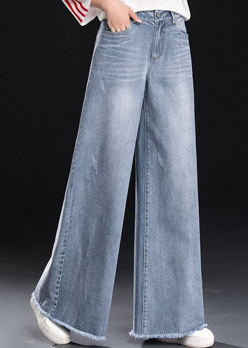 Light Blue High Waist Pockets Tassel Cotton Denim Wide Leg Pants Summer