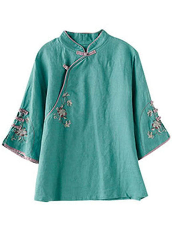 Green Embroideried Button Tops Half Sleeve