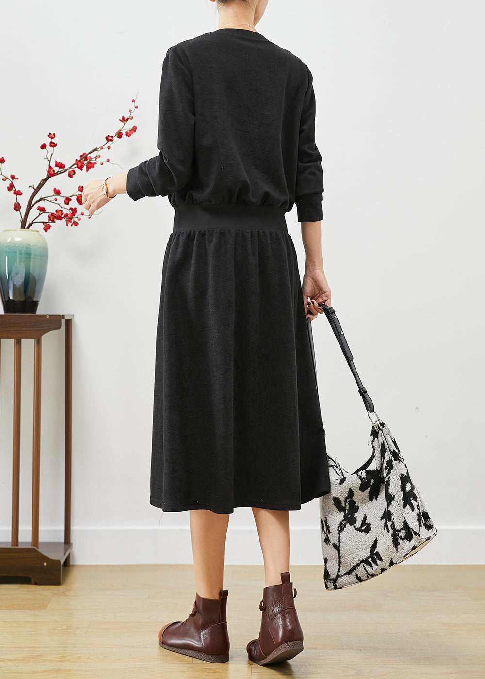 Black V Neck Elastic Waist Cotton Sweatshirts Dress Fall