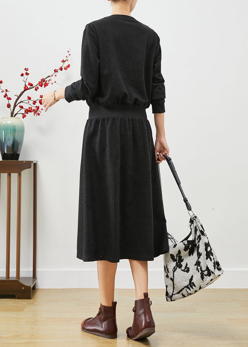 Black V Neck Elastic Waist Cotton Sweatshirts Dress Fall