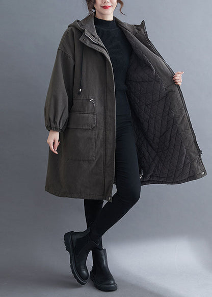 Organic Grey Hooded Zippered Pockets Winter Long Sleeve Coat