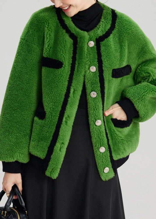Green Button Pockets Fuzzy Fur Fluffy Coats Long Sleeve