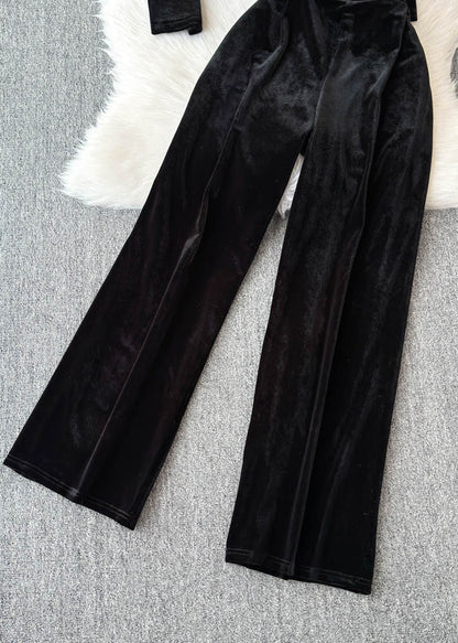 Boutique Black Patchwork Zircon Cardigans and Wide Leg Pants Two Pieces Set Spring
