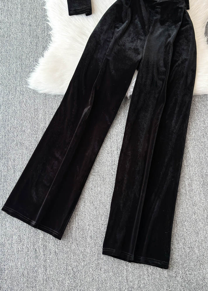 Boutique Black Patchwork Zircon Cardigans and Wide Leg Pants Two Pieces Set Spring