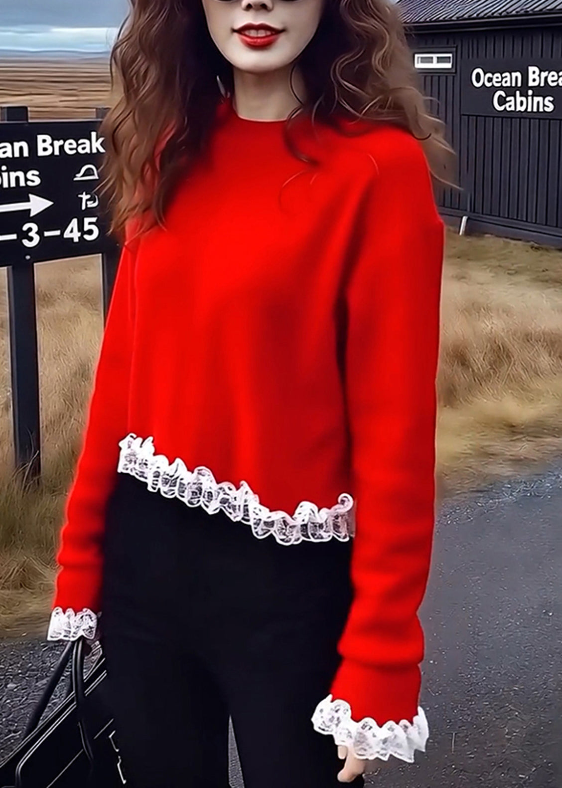 Red Oversized Patchwork Lace Sweaters Winter