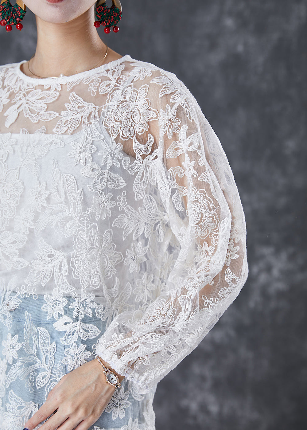 Italian White Embroideried Hollow Out Tulle Two Piece Set Fall