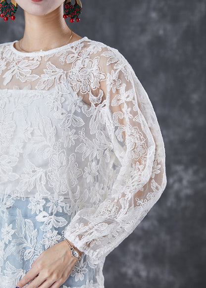 Italian White Embroideried Hollow Out Tulle Two Piece Set Fall