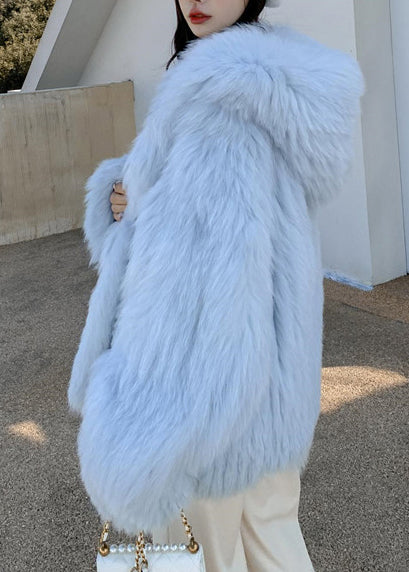Blue Oversized Hooded Fox Fur Coats Winter