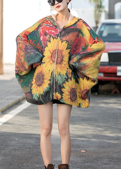 Bat Wing Sleeve Hooded Print Zippered Fall Knit Coat
